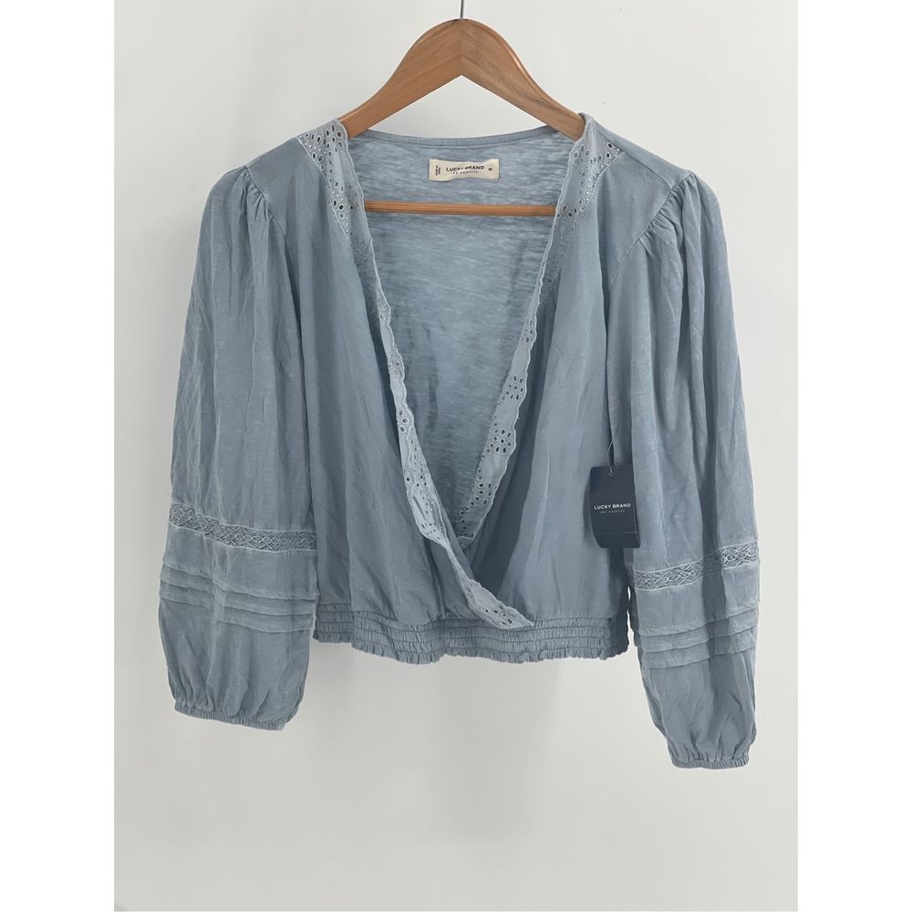 Lucky Brand Blouson Top Women's Size XS Blue Boho Crop Deep V Neck New